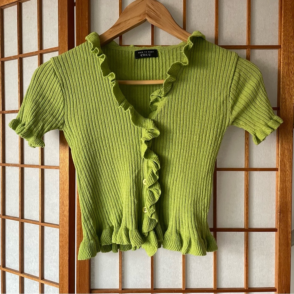 CHUU Lime Green Ribbed Ruffle Button Cardigan Cropped – Y2K Cute Knit Top